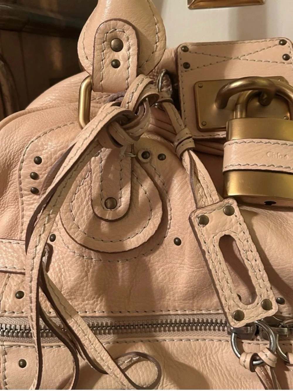 Auth Chloe Paddington Large satchel peach nude beige Leather vintage LIKE NEW